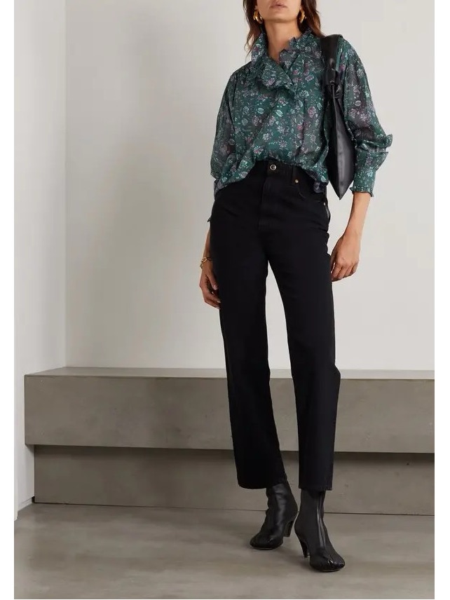 Isabel Etoile Marant Pamias Ruffled Green Floral Blouse Size 6 Cottagecore